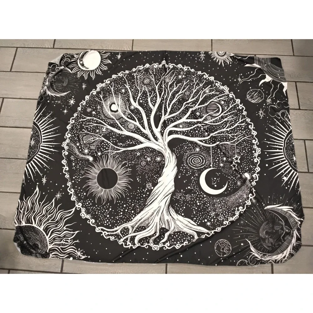 Black and White Tree of Life Celestial Tapestry Wall Hanging Sun Moon 59x51